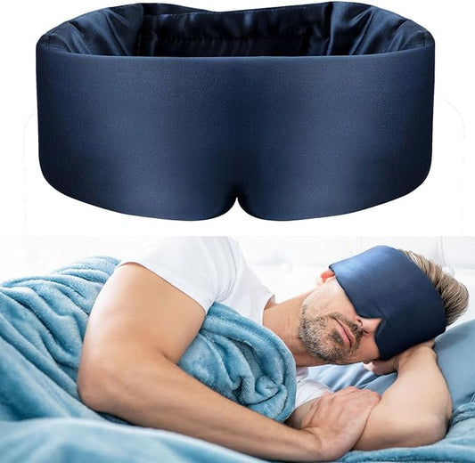 Nature Silk Sleeping Mask Soft Featherweight Eye Mask Large Wrap-Around Blindfold with Adjustable Velcro Blackout for Wild Sleeper Nose Cut (NavyBlue)