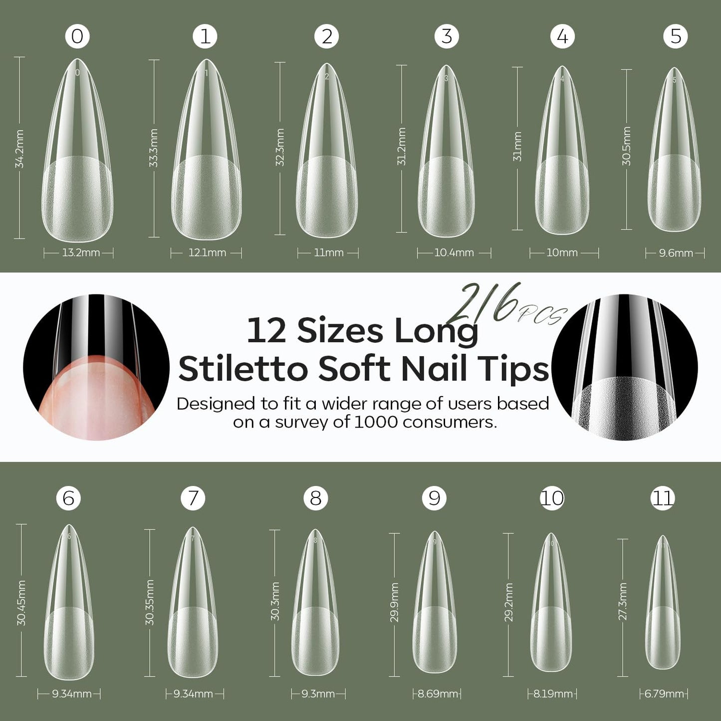 modelones Long Stiletto Nail Tips, Pre-shaped Soft Gel Tips Fake Nails False Acrylic Clear Full Cover Press on Extension Kit Gel Manicure DIY at Home 216PCS 12Sizes
