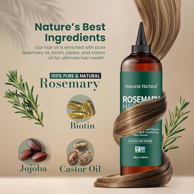 Natural Riches 100% Pure Premium Rosemary Oil For Hair Growth Infused With Biotin & Vitamin E Jojoba & Castor Oil Hair Strengthening Treatment | Nourishing & Volumizing | Non GMO Verified 8 Fl oz.