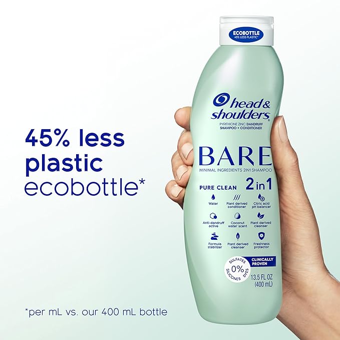 Head & Shoulders BARE 2-in-1 Dandruff Shampoo And Conditioner Twin Pack, Pure Clean, Sulfate-Free, Silicone-Free, Dye-Free, Eco-Friendly Bottles, Safe for All Hair Types, 13.5 Fl Oz Each (Set of 2)