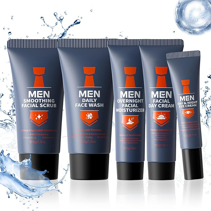 Mens Skincare Set, Valentines Day Gifts for Him, 5Pcs Mens Facial Care Kit - Facial Cleanser, Facial Scrub, Day Cream, Eye Cream and Overnight Moisturizer, Travel Size Mens Skincare Gift Set