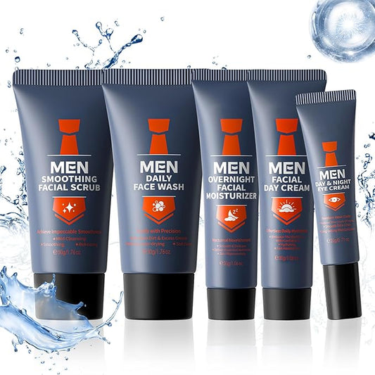 Mens Skincare Set, Valentines Day Gifts for Him, 5Pcs Mens Facial Care Kit - Facial Cleanser, Facial Scrub, Day Cream, Eye Cream and Overnight Moisturizer, Travel Size Mens Skincare Gift Set