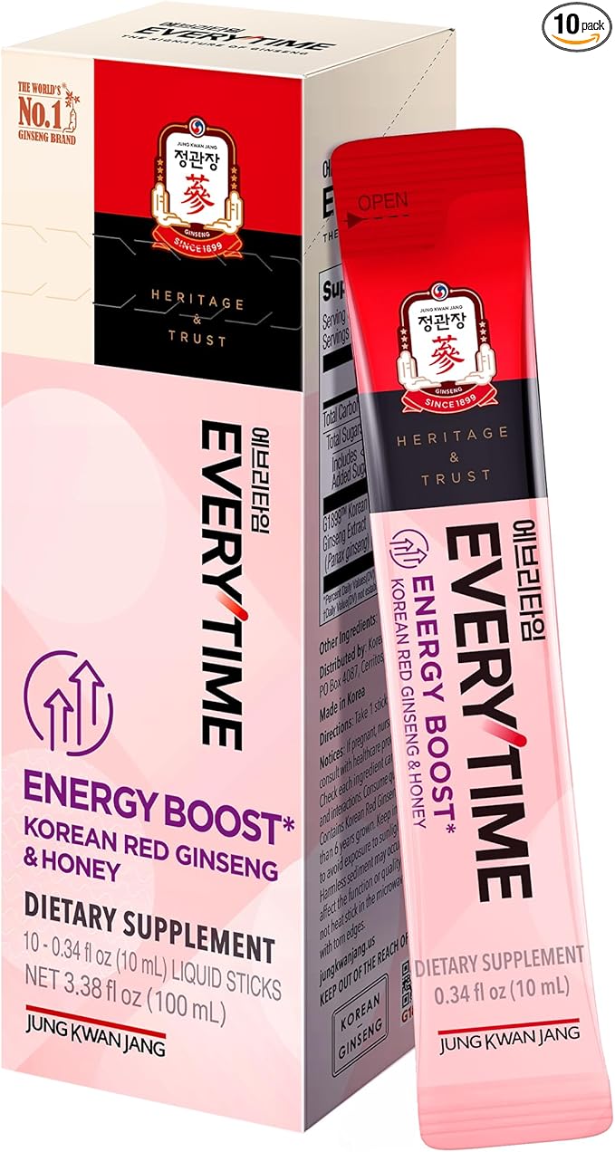 JUNG KWAN JANG Everytime Energy Boost Korean Red Ginseng Extract 1,000mg & Honey - Vegan Ginseng Energy Drink Liquid Stick Supplements - Builds Stamina & Immunity No Caffeine (10 Sticks, 0.34 fl oz)