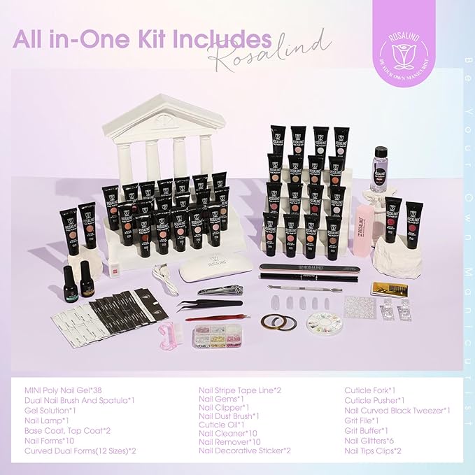 ROSALIND 38PCS Poly Nail Gel Kit with Mini Nail Lamp Glitter Brown Poly Extension Gels Kit Nude Pink Poly Gels Set