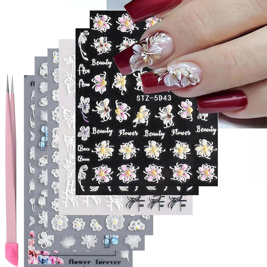 6 Sheets White Flower Nail Art Stickers Decals 5D Embossed Nail Decals Spring Winter Nails Art Self-Adhesive Supplies Accessories 3D Flower Stickers for Women Nails Design Decoration