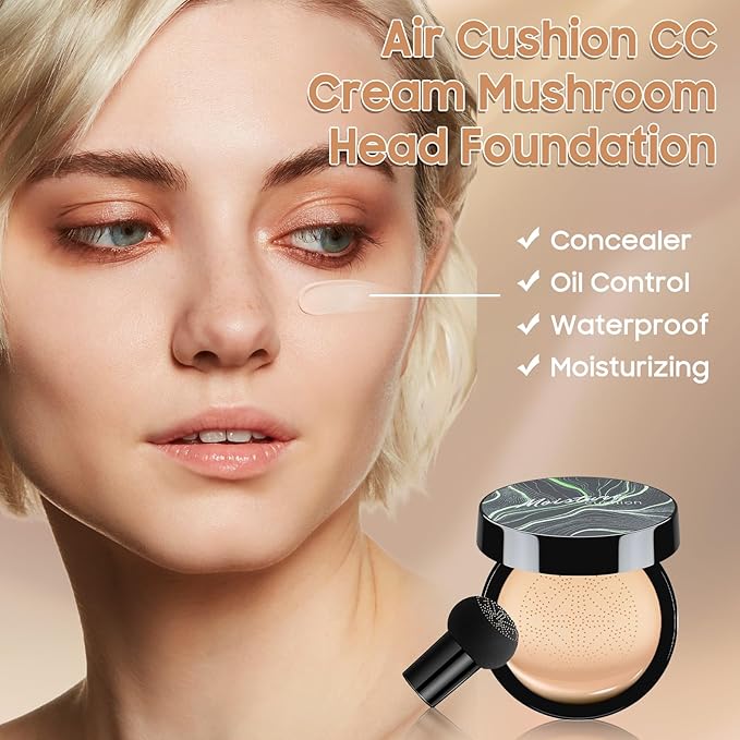 Air Cushion CC Cream Mushroom Head Foundation - Moisturizing BB Creams Foundation, Long-Lasting Waterproof Matte Concealer for Even Skin Tone (Natural, 1 PCS)