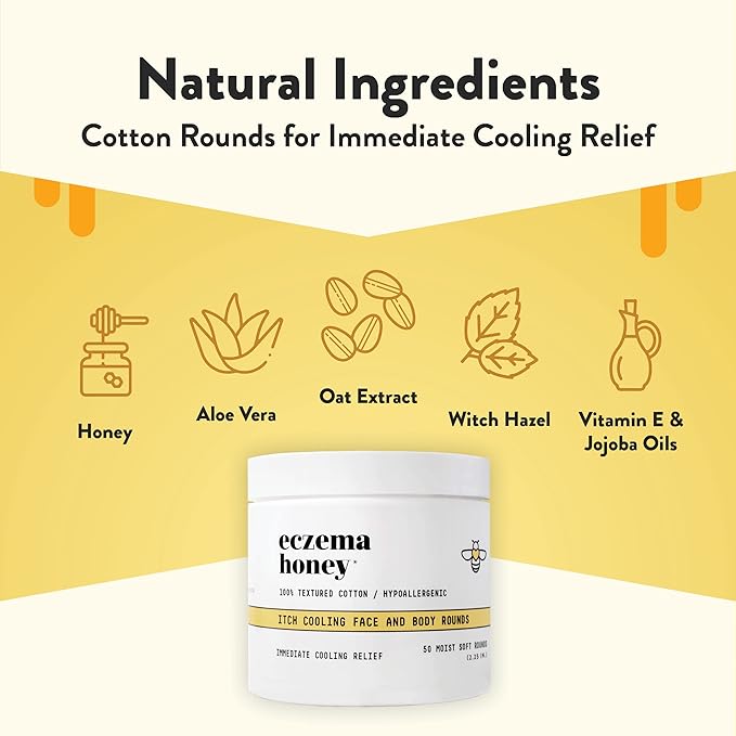 ECZEMA HONEY Itch Cooling Face & Body Rounds - Anti Itch Cotton Face Pads - Moisturizer for Eczema, Dry & Sensitive Skin (50 Cotton Rounds)