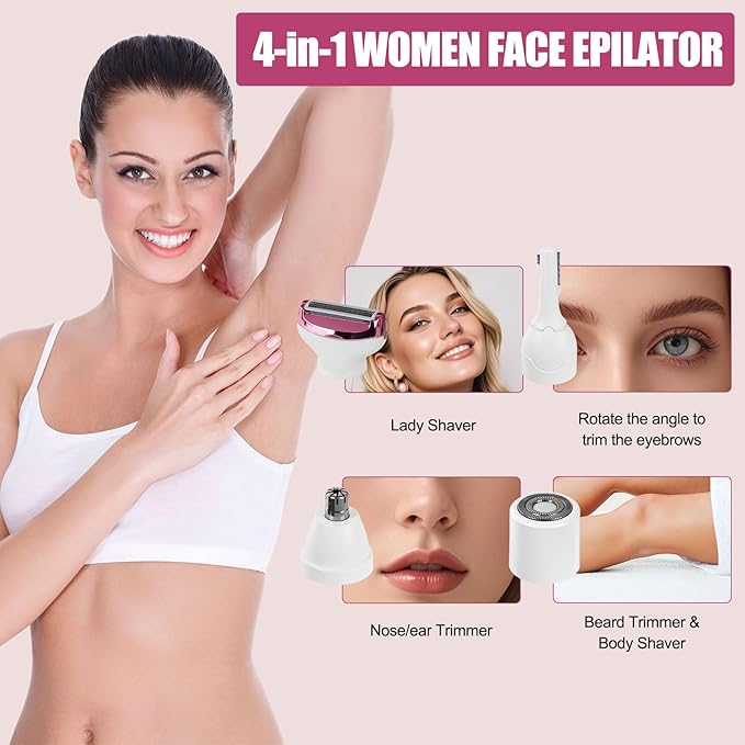 Women Face Epilator, 4-in-1 Body Shaver and Facial Epilator, Hair Removal for Faces, Rechargeable Electric Facial Hair Removal Devices for Face, Armpits, Eyebrows, Nose
