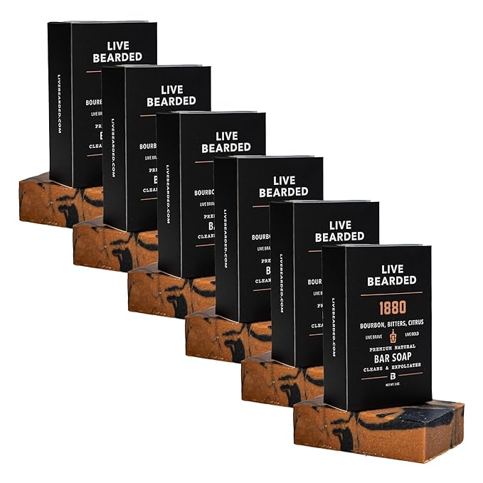 Live Bearded All-Natural Bar Soap for Men, 6-Pack of 5 oz - Made in the USA - Exfoliates and Moisturizes - Charcoal, Pumice, Shea Butter | 1880 Scent - Bourbon, Bitters, Citrus
