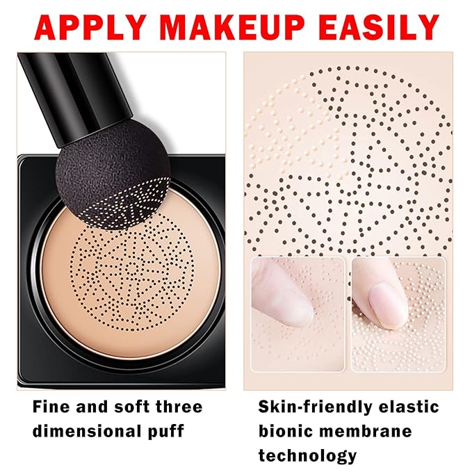 Mushroom Head Air Cushion CC Cream BB Cream Foundation Face Makeup,Full Coverage Foundation Moisturizing Concealer Makeup Base,Long Lasting Cushion Foundation with Mushroom Makeup Sponge (Natural)