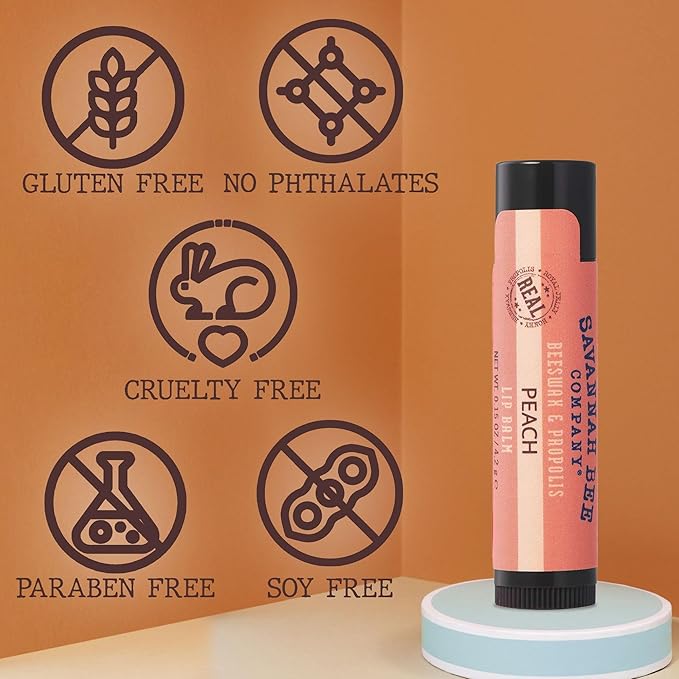 Savannah Bee Lip Balm Hanger 0.15 oz - Invigorating Mint Flavor - Natural Ingredients for Supple, Soft Lips - Convenient Hanger Design (.15 Oz, Peach)