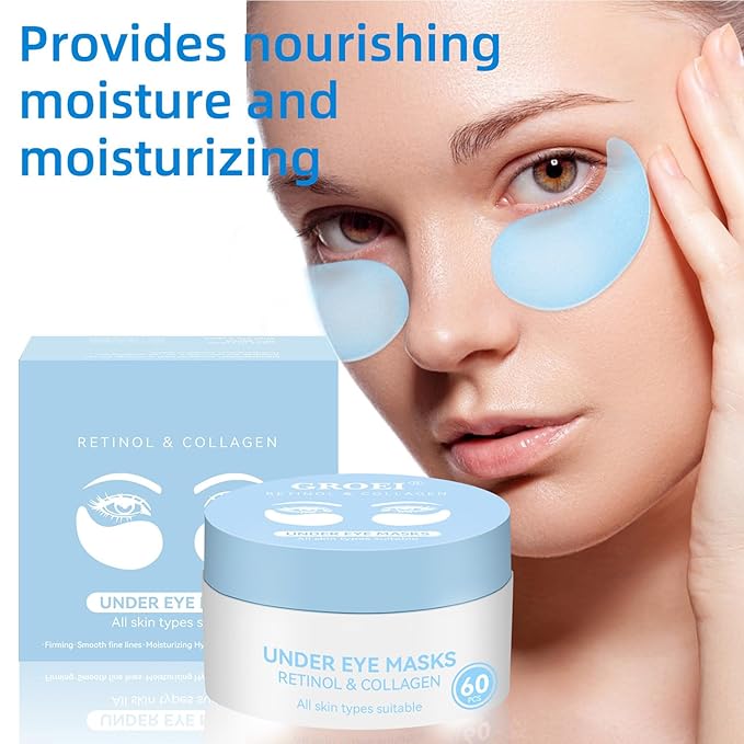 Under Eye Patches Masks for Eye Bags, Puffy Eyes, Fine Lines, Wrinkles, Dark Circles Treatment with Collagen and Retinol, Collagen Reduce Wrinkles Eye Masks, Lift, Firm Eyes Skin, 60 Pcs
