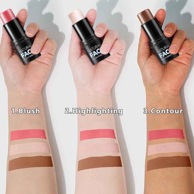 3 Pcs Contour Stick, Highlighter Stick, Blush Stick, Cream Contour Kit with Contour Brush, Create Face Contour, Non-greasy, Waterproof Long-lasting Effect for Women (2+5+6,LIGHT MEDIUM)
