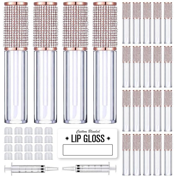 AMORIX 24 Pack Crystal Rhinestone Lip Gloss Tubes with Wand 5ml Empty Lip Gloss Containers Lipgloss Bottles with Stoppers 2pcs Syringes + Labels for DIY Lip Gloss Balm