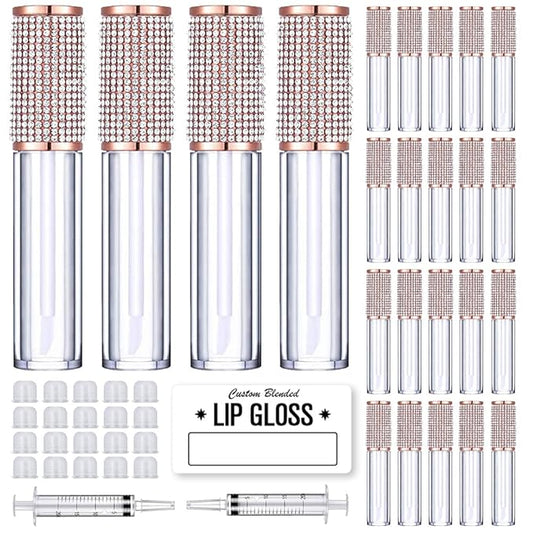 AMORIX 24 Pack Crystal Rhinestone Lip Gloss Tubes with Wand 5ml Empty Lip Gloss Containers Lipgloss Bottles with Stoppers 2pcs Syringes + Labels for DIY Lip Gloss Balm