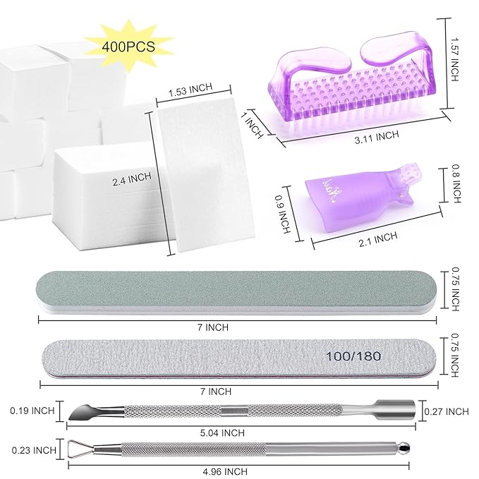Gel Nail Polish Remover Tools Kit, with 10 Pcs Nail Clips, 400 Pcs Lint Free Nail Wipes, Nail Files 100/180, Buffer Block 400/4000, Nail Brush, Cuticle Pusher, Cuticle Peeler (Purple)
