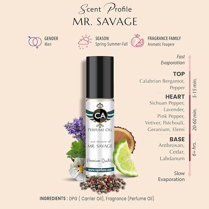 CA Perfume Impression of Mr. Savage For Men Replica Fragrance Body Oil Dupes Alcohol-Free Roll-On 0.3 Fl Oz/10ml