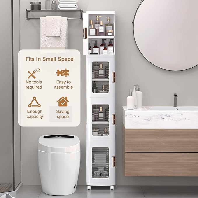 VECELO 4-Tier Plastic Tall Narrow Storage Cabinet with Movable Wheels, Adjustable Shelves, Magnetic Doors, Slim Bathroom Organizers and Storage for Small Space, Bathroom, Kitchen, Laundry, White