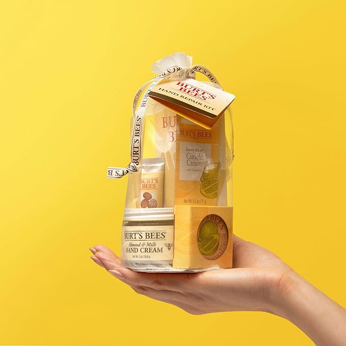 Burt's Bees Back to School Gifts Ideas, 3 Body Care College Dorm Products, Hand Repair Set - Almond and Milk Cream, Lemon Butter Cuticle Cream & Shea Butter Cream, with gloves