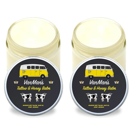 Vanman's Tallow and Honey Balm With No Added Scent (2 Pack) - Beef Tallow Face Moisturizer with Grass-Fed/Finished Beef Tallow for Skin, Organic Raw Honey and Beeswax, Cold Pressed Olive Oil - 2 oz