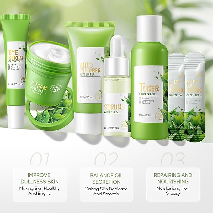 Skin Care Products Set, Green Tea Skin Care Sets, Women Gift Sets,Skin Care Routine Kit with Toner, Serum, Face Cream, Eye Cream Cleanser, Sleep Mask,Korean Beauty Products (SetD)