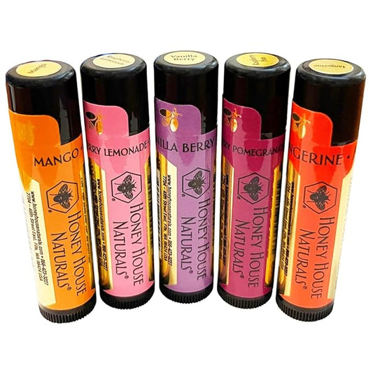 Honey House Naturals Lip Butter Gift Set – Rich & Anti-Aging – All Natural Ultra Moisturizing Lip Butter Infused with Essential Oils - 5 Piece Set - Made in the USA