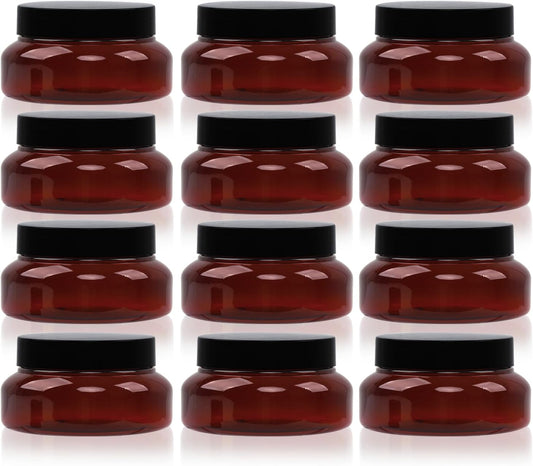 Amber Plastic Jars with Lids, 12 Pack Brown Body Scrub Jars Empty Refillable Containers Round Low Profile Samples Jars for Lotion, Body Butter, Sugar Scrub, Cream (5.3 OZ)