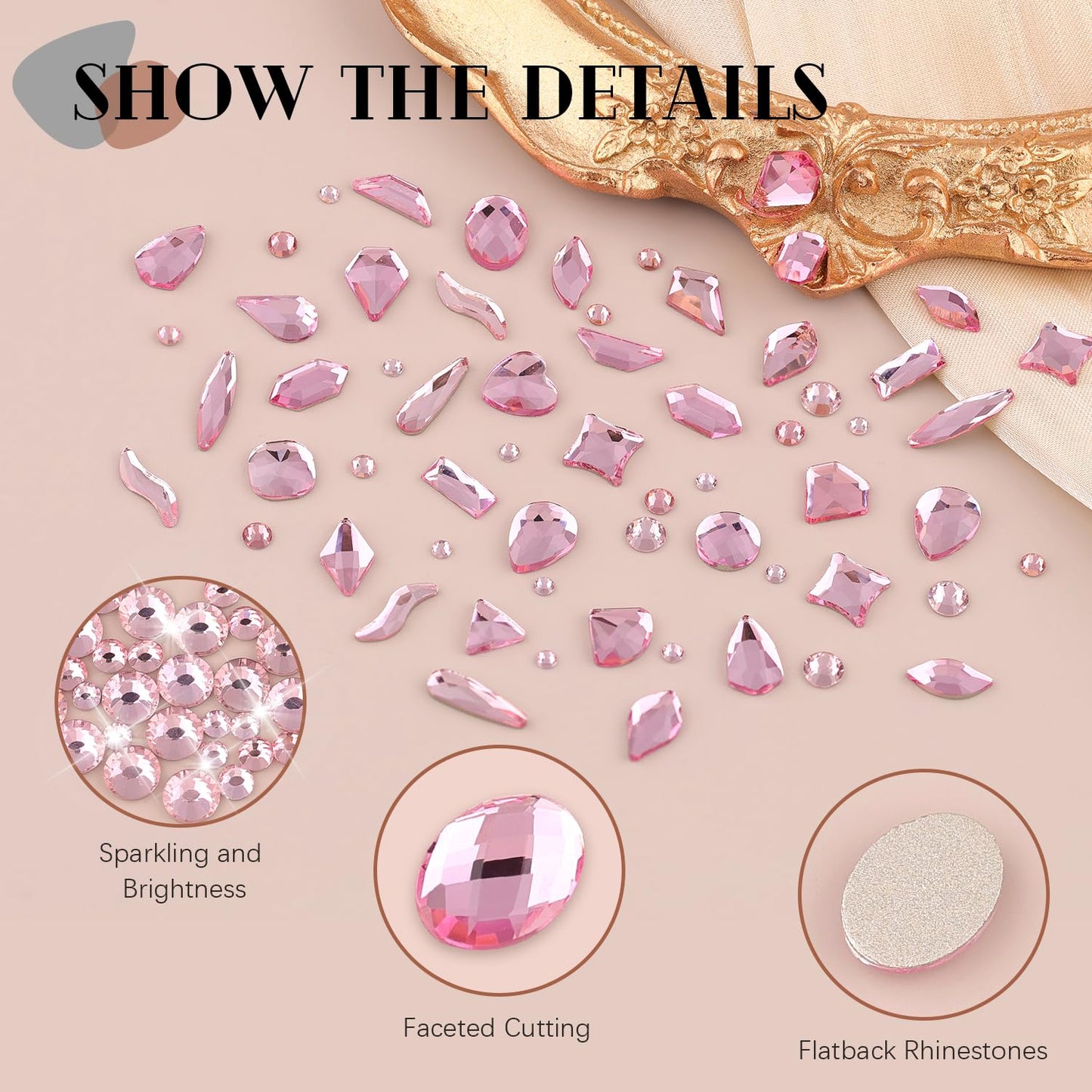 1680Pcs Pink Glass Nail Rhinestones 180Pcs Multi Shapes Flatback Nail Gems + 1500Pcs 1.5-4mm Round Crystal with Rhinestones Glue Gel, Manicure Nail Charms Diamond Gemstones for Nail Art