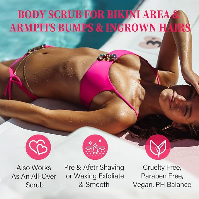Bikini Area Exfoliator with 10% AHAs BHA & Vitamin C, Exfoliating Body Scrub for Ingrown Hair and Underarm Bumps, Dark Spots, Moisturize Brighten Soothe & Even Skin Tone, Sensitive Skin Safe, 7.76 oz
