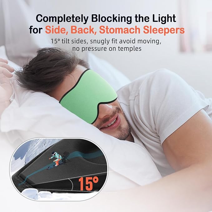 LitBear Sleep Mask for Side Sleeper Women Men, Eye Mask for Sleeping Light Blocking, 3D Contoured Cup Sleeping Mask, Soft Breathable Sleep Eye Mask with Adjustable Strap for Flight, Mint Green