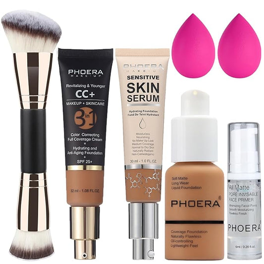 PHOERA Foundation, PHOERA Contour Palette,Shades with Highlighter & Bronzer & Blush,PHOERA Makeup Lightweight Long Lasting Wrinkles Matte Natural Finish (108+180CC+N05/ Tan+ Tan+Tan)