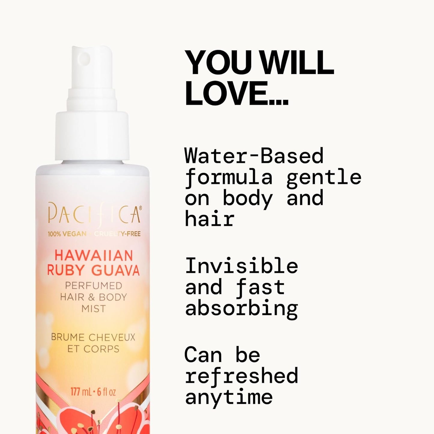 Pacifica Hawaiian Ruby Guava Hair Perfume & Body Fragrance Spray Mist - Body Mist Fragrance w/ Grapefruit, Patchouli, Sugar Notes & Geranium Clean Beauty Alcohol-Free, Vegan & Cruelty-Free, 6 oz
