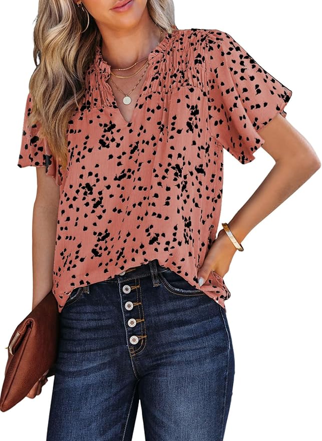 SHEWIN Women's Casual V Neck Floral Print Smocked Short Sleeve Chiffon Blouses Bohemian Top Shirts