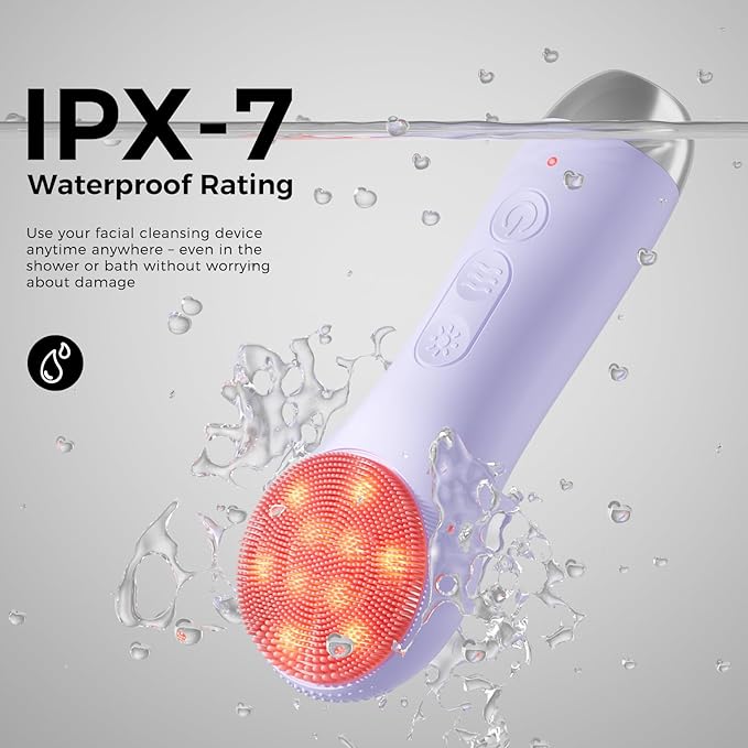 Facial Cleansing Brush: Rechargeable LED Electric Face Cleansing Brush with 4 Gentle Light Liquid Silicone Modes Face Scrubber Exfoliator,IPX7 Waterproof Ideal Gift for Men and Women-Purple