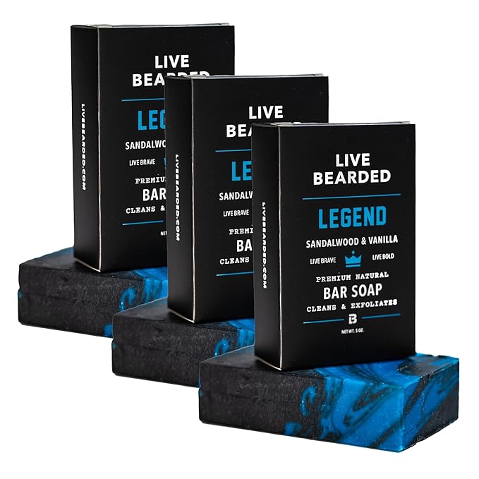 Live Bearded All-Natural Bar Soap for Men, 3-Pack of 5 oz - Made in the USA - Exfoliates and Moisturizes - Charcoal, Pumice, Shea Butter | Legend Scent - Sandalwood, Vanilla