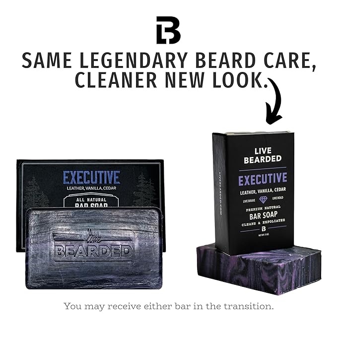 Live Bearded All-Natural Bar Soap for Men, 3-Pack of 5 oz - Made in the USA - Exfoliates and Moisturizes - Charcoal, Pumice, Shea Butter | Executive Scent - Cedar, Vanilla
