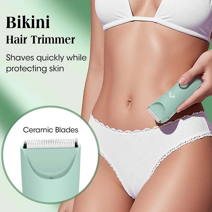 Electric Bikini Trimmer for Women,Electric Razors for Women,Cordless Pubic Hair Trimmer,IPX7 Waterproof & LED Display Mens Ball Trimmers Bikini Shaver for Underarm Leg Arm,Gifts Green