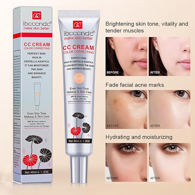 Color Correcting CC Cream With Centella Asiatica,Multi-Purpose Skin Tone Adjusting CC Cream Concealer Full Coverage,SPF 25 Sunscreen Moisturizing Pre-Makeup Primer Brightening for Mature Skin