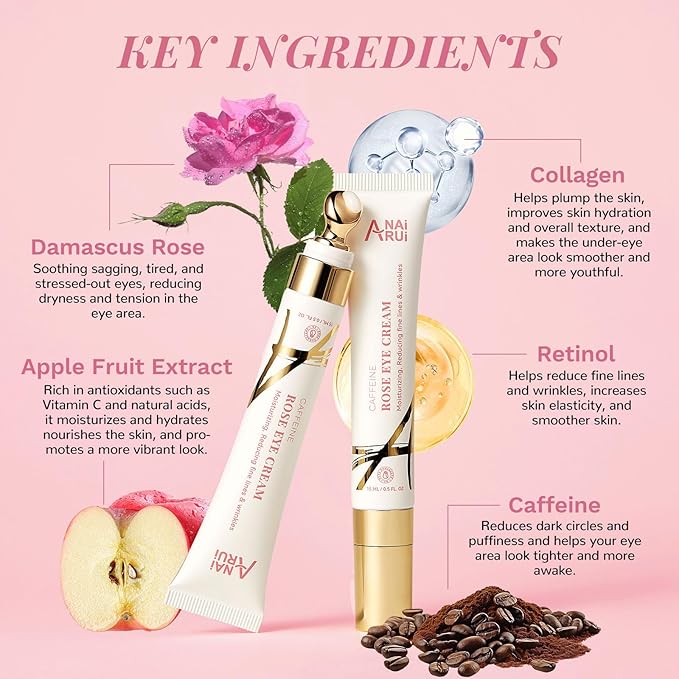 ANAI RUI Rose Caffeine Eye Cream for Dark Circles, Under Eye Serum for Puffiness Bags, Anti-Aging Eye Cream with Retinol, Collagen, Hydrating, Firming, Reduce Wrinkles and Fine Lines Daily 0.5 FL OZ