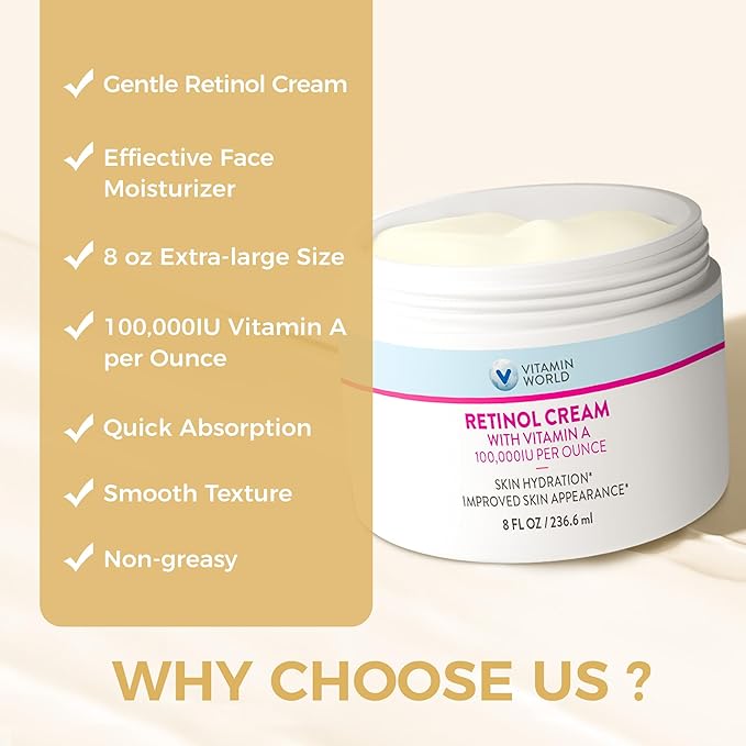 Vitamin World Retinol Cream 100,000 IU 8 oz., Gentle Retinol Night Cream for Face with Retinyl Palmitate & Dual Vitamin E & Coconut Oil, Face Moisturizer, Anti-Aging Wrinkle Cream