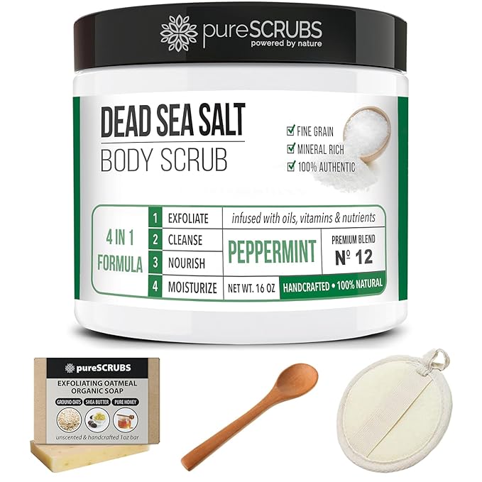 pureSCRUBS Premium Sea Salt Body Scrub Set - Large 16oz Peppermint Scrub With Infused Essential Oils & Nutrients, Includes Wooden Spoon, Loofah & Oatmeal Exfoliating Bar Soap