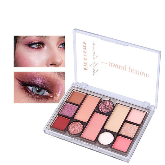 12 Colors Pink Eyeshadow Palette, Mini All in One Blush, Eyebrow & Eye Makeup Kit, Highly Pigmented Matte & Shimmer Shades, Big Artist Comprehensive Facial Makeup, Travel Friendly (02)