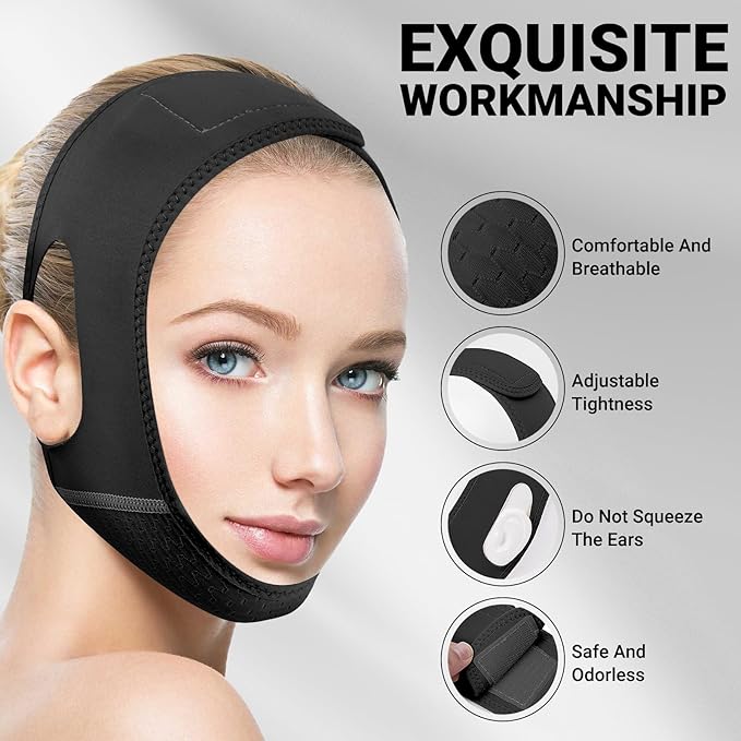 Reusable V Line Lifting Mask with Chin Strap for Sleeping,Face Lift Prevent Sagging, Jaw Exerciser,Black,M