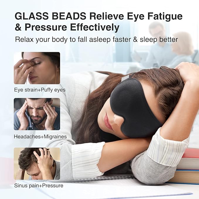 YFONG Weighted Sleep Mask, Women Men 3D Blocking Lights Sleeping Mask (4.2oz/120g), Pressure Relief Night Sleep Eye Mask with Adjustable Strap, Eye Cover Blindfold for Travel Nap Yoga, Black