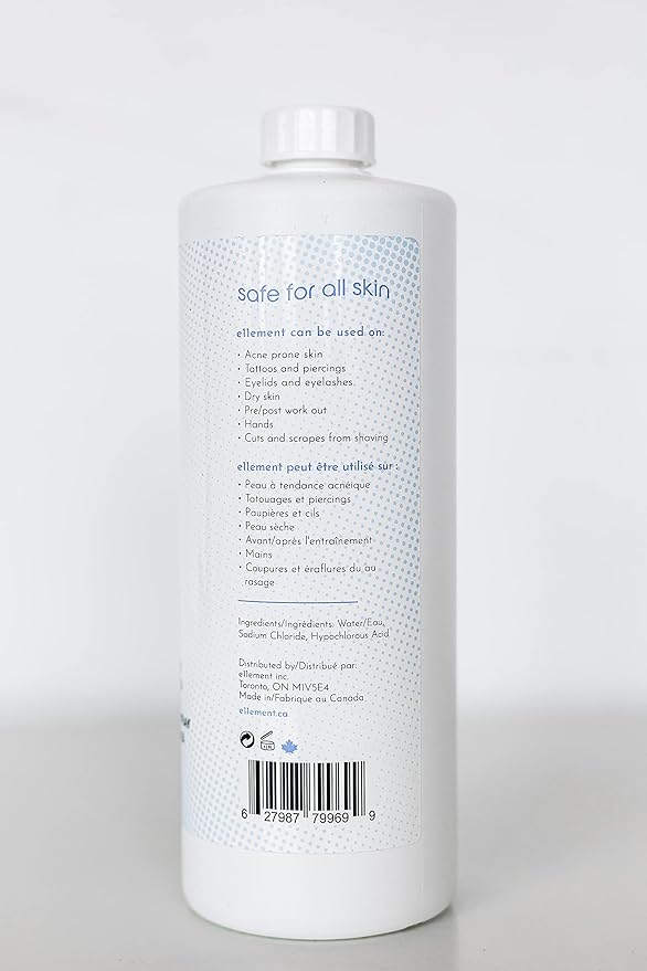 Hypochlorous Acid Spray - 1 L Refill – Acne Prone Skin – Eczema - Tattoo Aftercare – Piercing Aftercare – Saline Toner – Facial Cleanser – Lash Cleanser - All Natural Face and Skin Spray - e11ement