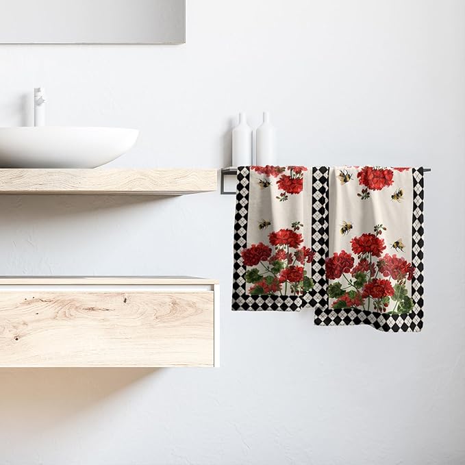 Giwawa Red Flower Hand Towels Set of 2 Buffalo Plaid Decorative Guest Bath Towel Soft Absorbent Kitchen Hotel Dish Towel Quick Drying Washcloths
