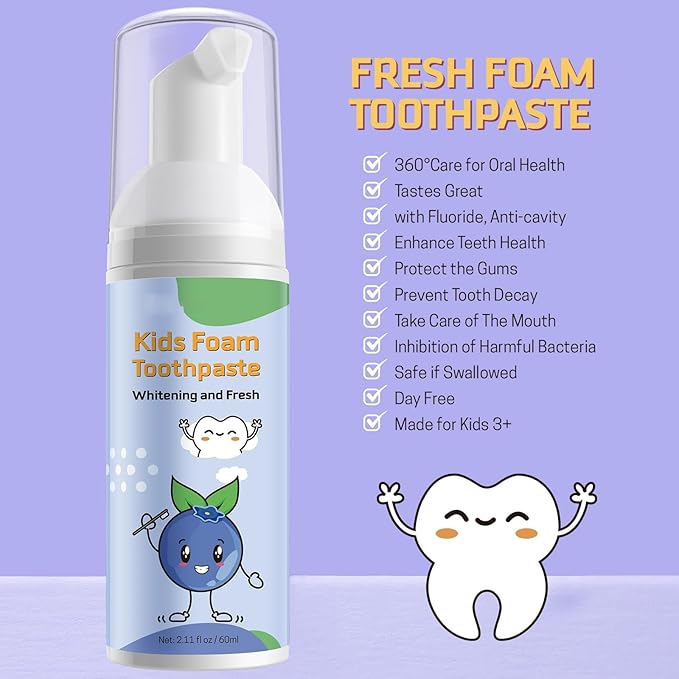 Foam Toothpaste Kids 2PCS, Toddler Toothpaste Cavity Protection, Clean and Whitening, 360ºCare, Portable, Kids Foam Toothpaste with Fluoride for Electric & U-Shape Toothbrushes (Blueberry)