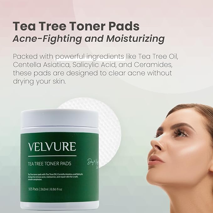 Tea Tree Toner Pads - 105 Pads - Well Soaked & Wet - Dual Sided - Saliclyic Acid - for Exfoliation, Hydration & Acne Treatment - Soothing Irritated Skin & Inflammation - for All Skin Types