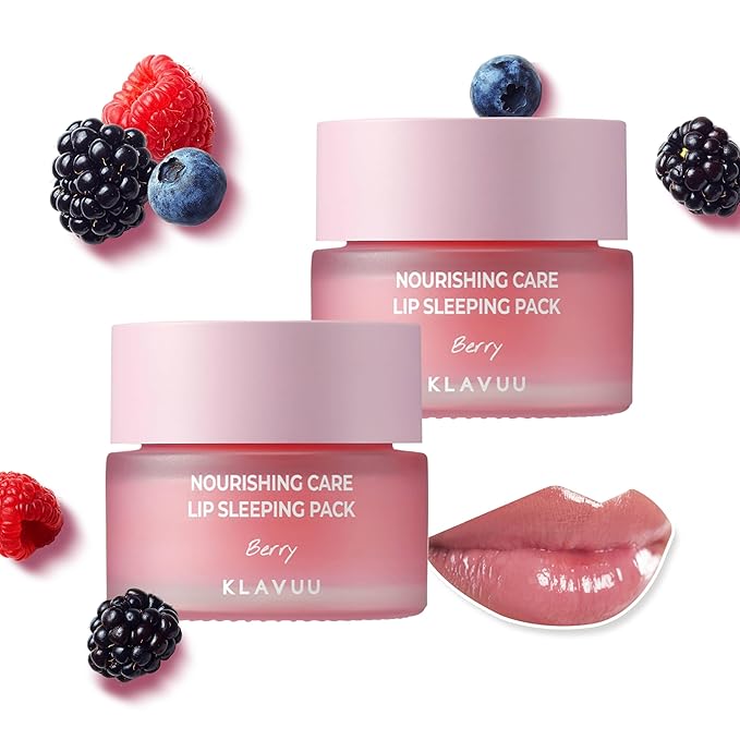 Klavuu Lip Mask Set (2PCS) – Overnight Deep Hydrating Korean Lip Balm Treatment for Very Dry, Chapped Lips | Lip Lightening & Plumping with Instant Hydration | Gentle Exfoliating (Berry & Berry)