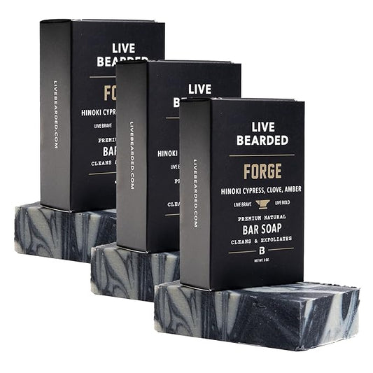 Live Bearded All-Natural Bar Soap for Men, 3-Pack of 5 oz - Made in the USA - Exfoliates and Moisturizes - Charcoal, Pumice, Shea Butter | Forge Scent - Hinoki Cypress, Clove, Amber